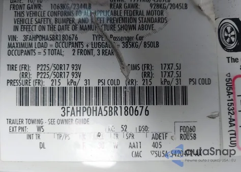 2011 Ford Fusion Se from USA, damaged, VIN 3FAHP0HA5BR180676